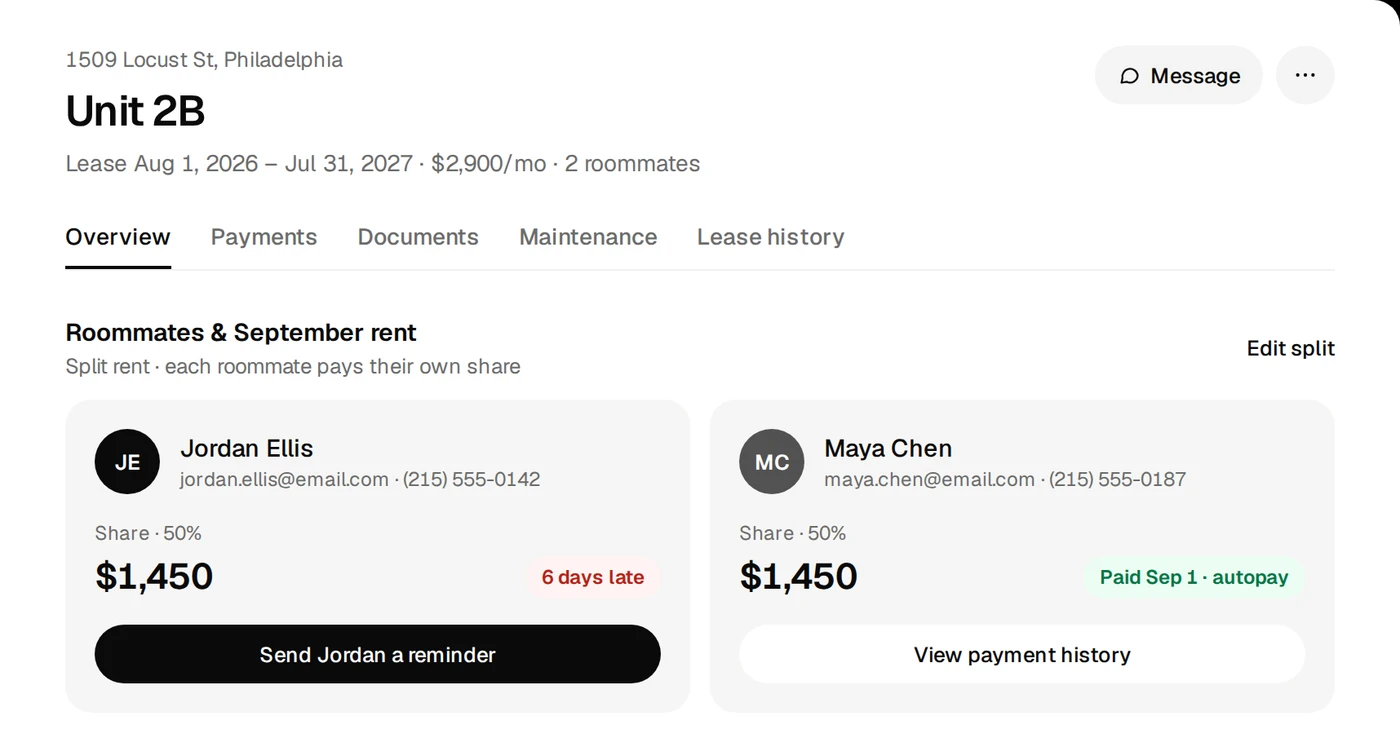 A unit's page in Rooming showing two roommates: one paid on time by autopay, the other six days late with a Send reminder button.