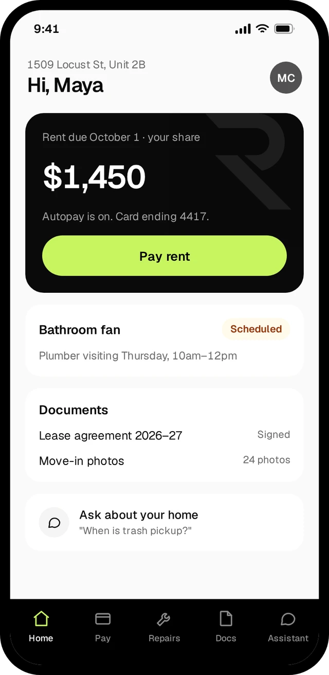 The Rooming tenant app on a phone, showing rent due and a Pay rent button.