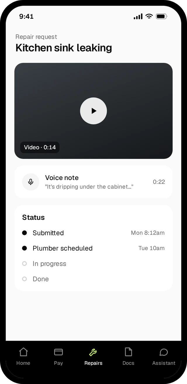 A tenant's repair request with a video of a leaking sink, a voice note, and a status timeline.